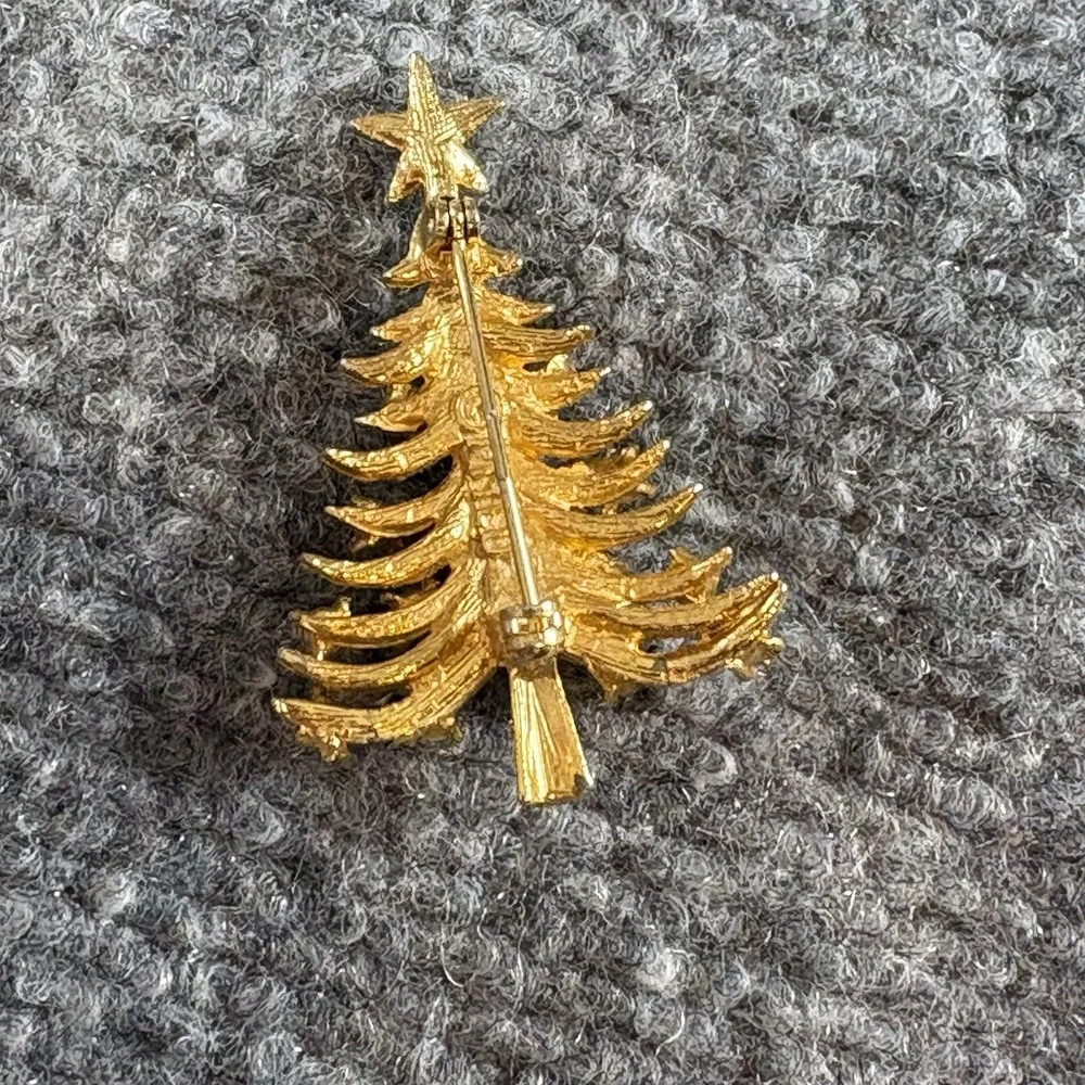 VTG MCM MYLU‎ Christmas Tree Brooch Gold Tone Rhinestone Pearl 2" Holiday Pin - Picture 5 of 10